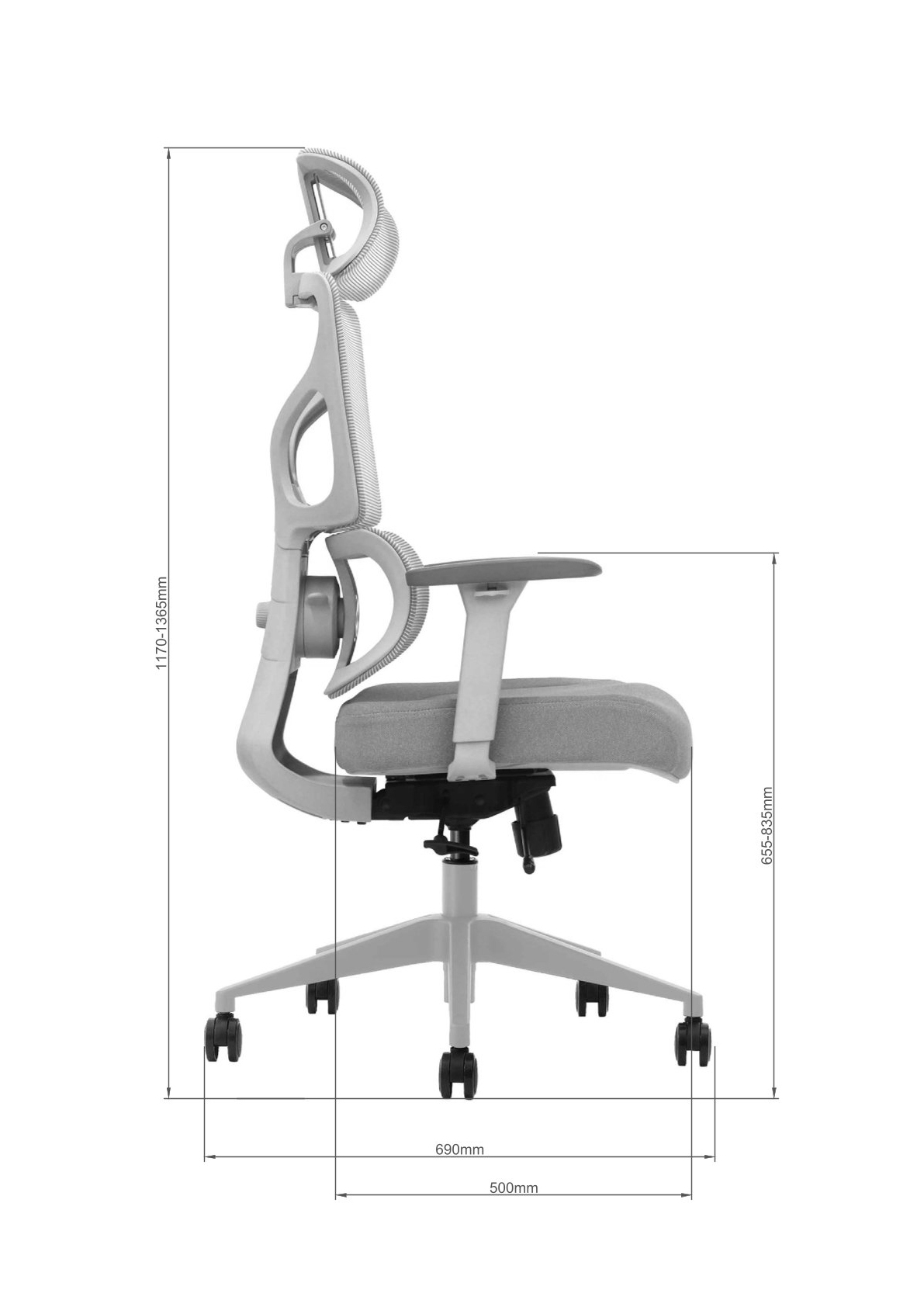 Wymiary fotela ERGONAUT BIONIC - widok z boku
